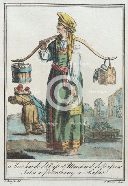 Costumes de Différents Pays, 'Marchande d'Auss et Marchands de Poissons Salés a Peters..., c1797. Creators: Jacques Grasset de Saint-Sauveur, LF Labrousse.
