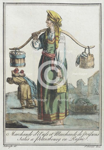 Costumes de Différents Pays, 'Marchande d'Auss et Marchands de Poissons Salés a Peters..., c1797. Creators: Jacques Grasset de Saint-Sauveur, LF Labrousse.