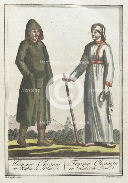 Costumes de Différents Pays, 'Homme Chinois en Habit de Pluie. Femme Chinoise, en Habit..., c1797. Creators: Jacques Grasset de Saint-Sauveur, LF Labrousse.