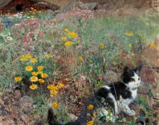 Cat on a flowery meadow, 1887. Creator: Bruno Liljefors