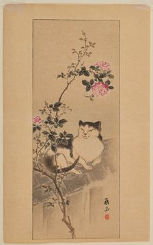 Cat on a roof underneath a rose bush. Creator: Yokoyama, Kazan (1784-1837)