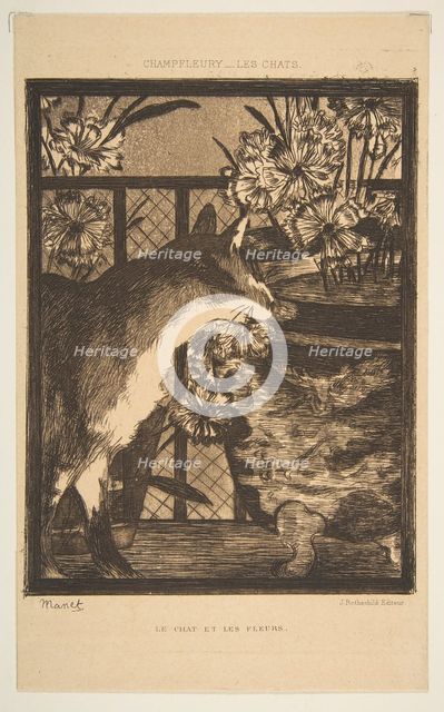 Cat and Flowers. Illustration to The Cats by Champfleury, 1869. Creator: Edouard Manet.