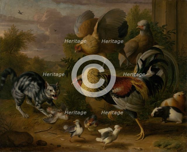 Cat between Cockrels, 1706-1710. Creator: Jakub Bogdan.