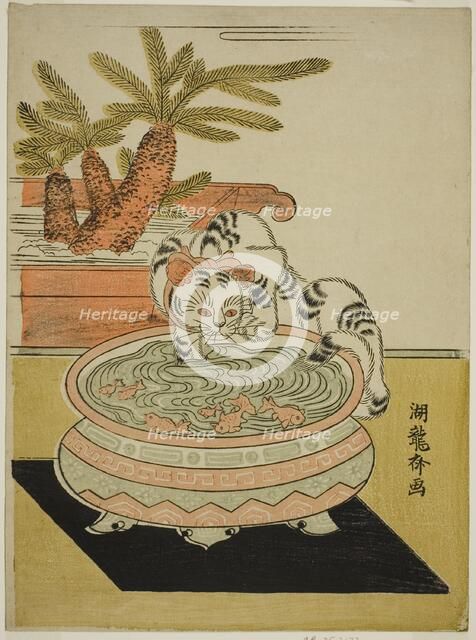 Cat Pawing at Goldfish, c. early 1770s. Creator: Isoda Koryusai.