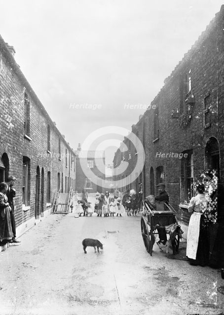 Cat's meat man on a slum street, London, 1900s. Creator: John Galt.