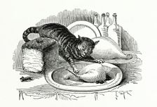 Cat stealing meat from a plate, 1847. Creator: Unknown