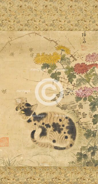 Cat under Chrysanthemums, 18th century. Creator: Anon.