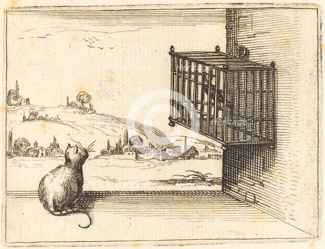 Cat Watching Caged Bird, 1628. Creator: Jacques Callot.
