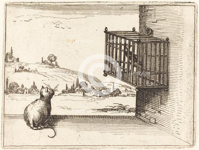 Cat Watching Caged Bird, 1628. Creator: Jacques Callot.