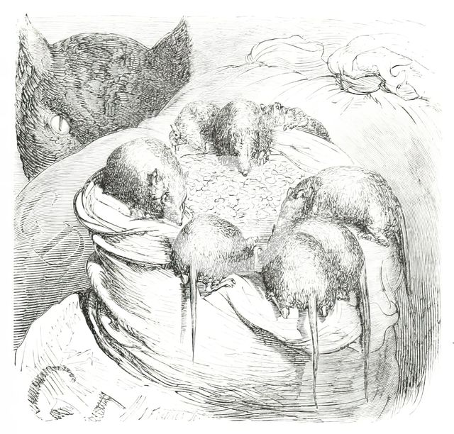 Cat watching rodents eating grain, 1860.  Creator: Unknown.