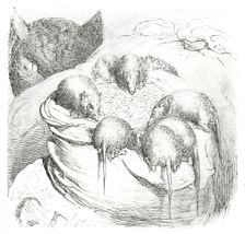 Cat watching rodents eating grain, 1860. Creator: Unknown