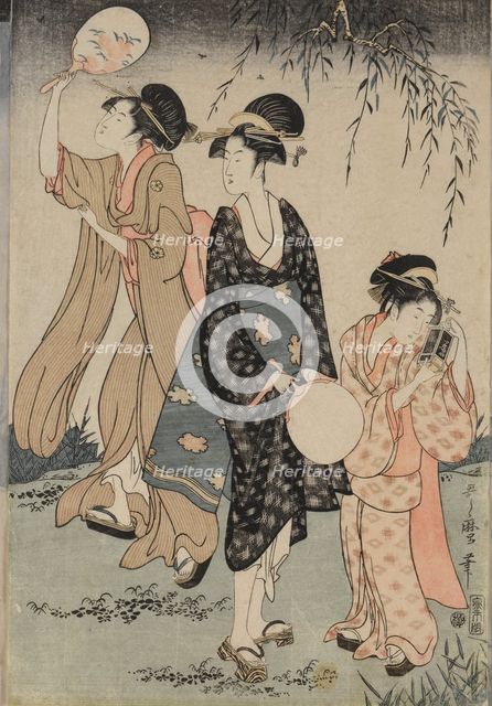 Catching Fireflies Beneath a Willow Tree (center), c. 1796-1797. Creator: Kitagawa Utamaro (Japanese, 1753?-1806).