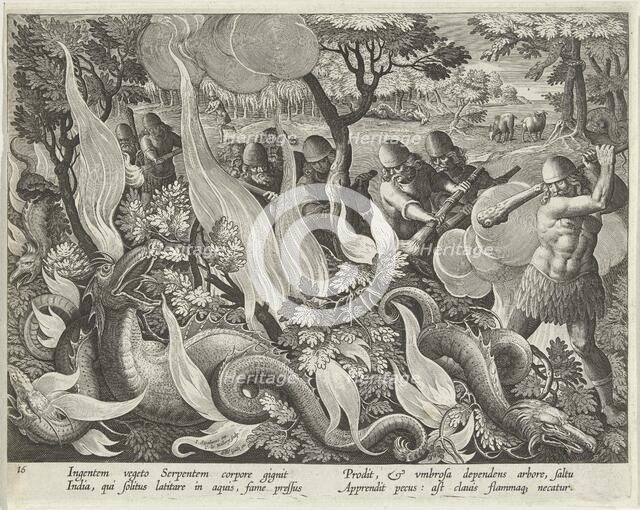 Catching Serpents in India Using Clubs and Torches to Light the Undergrowth, pub. 1640 (engraving). Creator: Straet, Jan van der (Joannes Stradanus) (1523-1605).