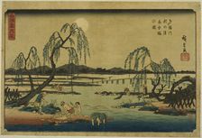 Catching Sweetfish in the Tama River under the Autumn Moon (Tamagawa aki no tsuki..., c. 1844/45. Creator: Ando Hiroshige