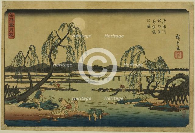 Catching Sweetfish in the Tama River under the Autumn Moon (Tamagawa aki no tsuki..., c. 1844/45. Creator: Ando Hiroshige.