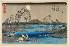 Catching Sweetfish in the Tama River under the Autumn Moon, from the series Snow, Moon..., c1845. Creator: Hiroshige, Utagawa (1797-1858)