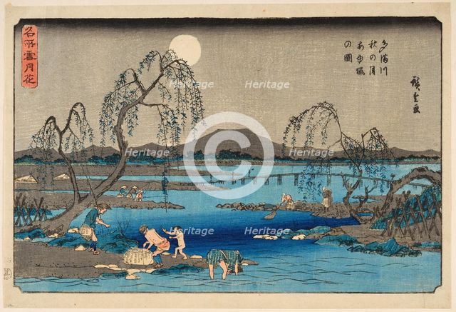 Catching Sweetfish in the Tama River under the Autumn Moon, from the series Snow, Moon..., c1845. Creator: Hiroshige, Utagawa (1797-1858).
