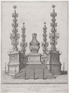 Catafalque for Pope Clement X; central structure at the top of a fifteen step platform, wi..., 1676. Creator: Giovanni Battista Falda