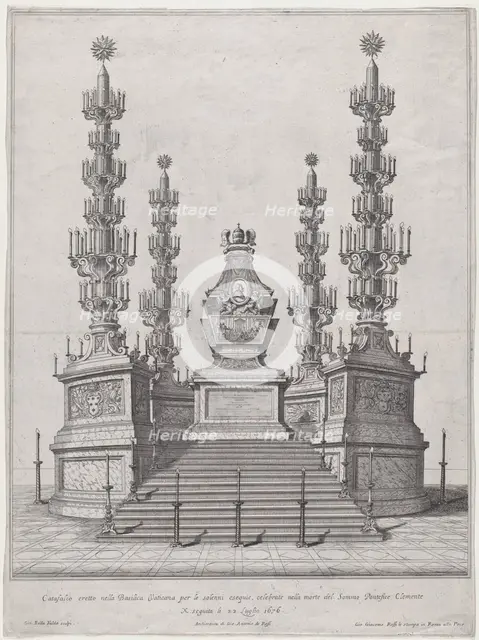 Catafalque for Pope Clement X; central structure at the top of a fifteen step platform, wi..., 1676. Creator: Giovanni Battista Falda.