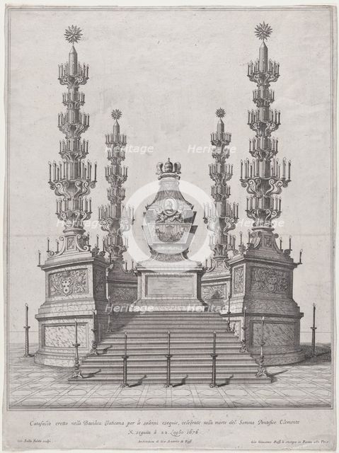 Catafalque for Pope Clement X; central structure at the top of a fifteen step platform, wi..., 1676. Creator: Giovanni Battista Falda.