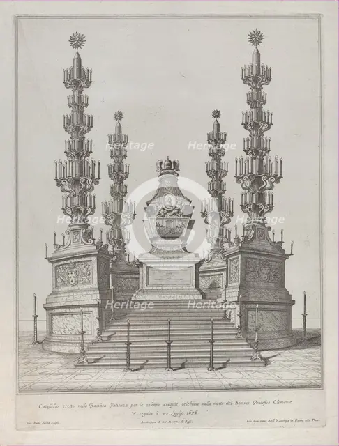 Catafalque for Pope Clement X: a central structure raised on a 15 stepped platform, with c..., 1676. Creator: Giovanni Battista Falda.
