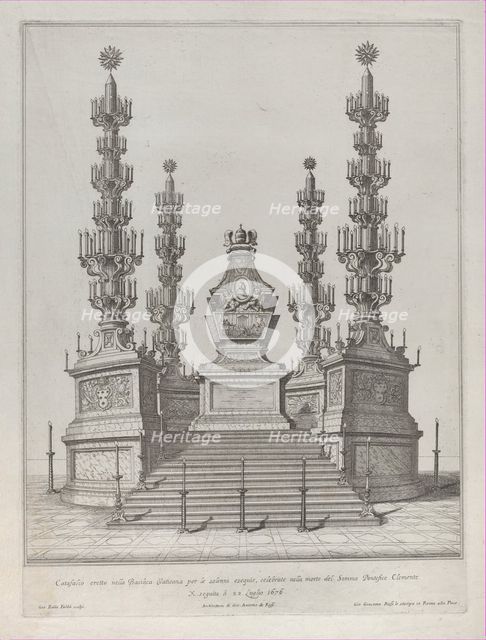 Catafalque for Pope Clement X: a central structure raised on a 15 stepped platform, with c..., 1676. Creator: Giovanni Battista Falda.