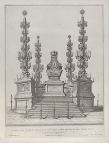 Catafalque for Pope Clement X: a central structure raised on a 15 stepped platform, with c..., 1676. Creator: Giovanni Battista Falda