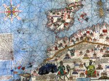 Catalan Atlas (1375). Detail of Spain and North Africa. Reproduction of the original which is lo…