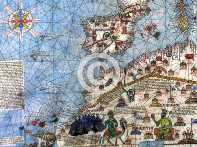 Catalan Atlas (1375).  Detail of Spain and North Africa. Reproduction of the original which is lo…