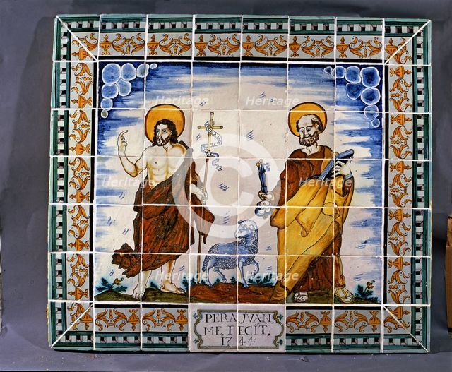 Catalan ceramics ceiling of the 18th century representing Saint Jean and Saint Peter. Set of poly…