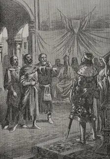 Cataldo Rosso speaking before the king, 1890. Creator: Joan Serra y Pausas
