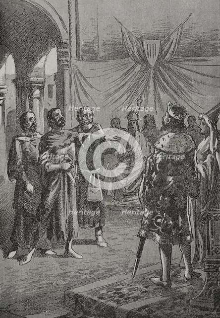 Cataldo Rosso speaking before the king, 1890.  Creator: Joan Serra y Pausas.