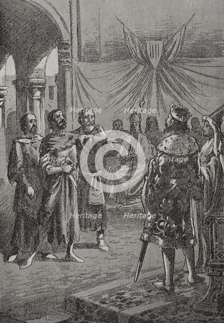 Cataldo Rosso speaking before the king, 1890.  Creator: Joan Serra y Pausas.