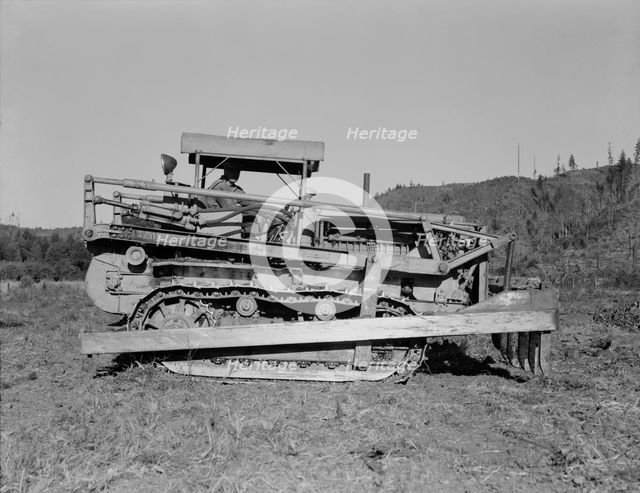 Caterpillar clearing land on cut...western Washington farm, Lewis County, Western Washington, 1939. Creator: Dorothea Lange.