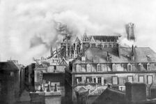 Cathedral of Reims on fire from German shelling, France, 1914