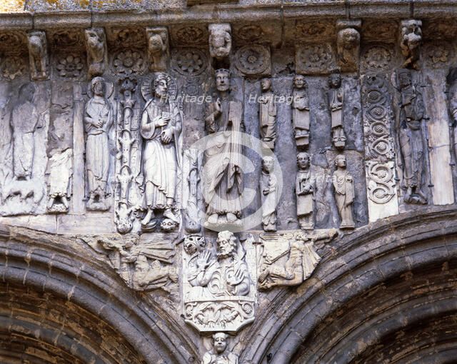 Cathedral of Santiago de Compostela, the Platerias door, detail of the sculptures on the front.