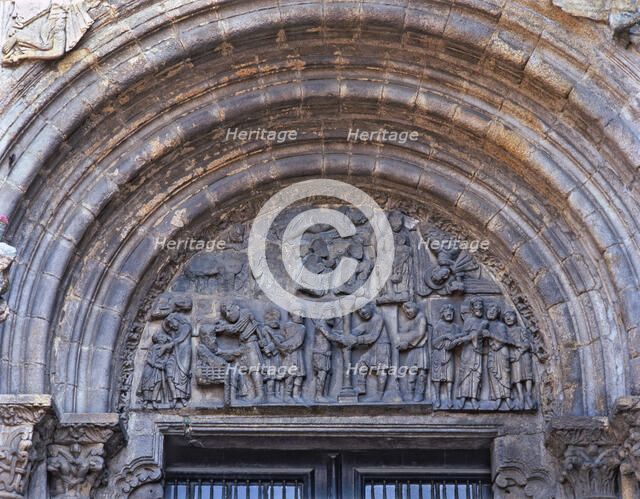 Cathedral of Santiago, the Platerías door, detail of tympanum with scenes from the life of Jesus …