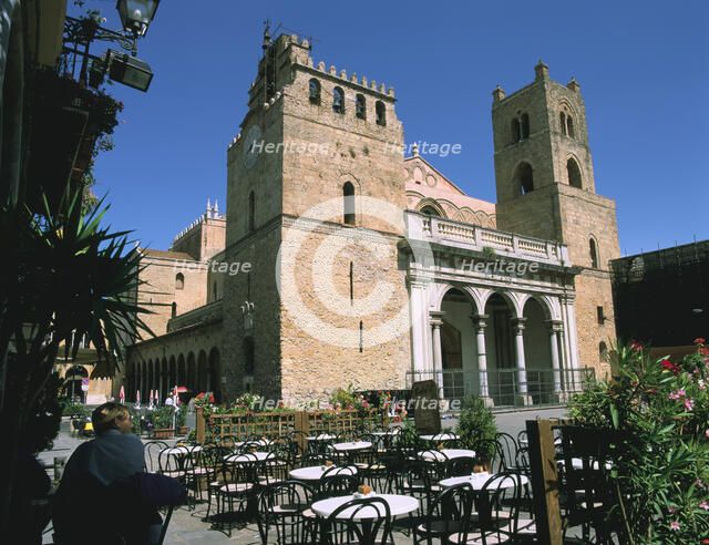 Cathedral and cafe, Monreale, Sicily, Italy
