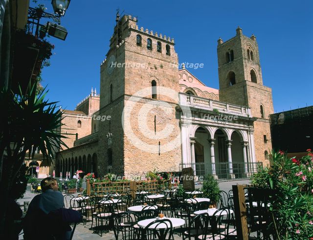 Cathedral and cafe, Monreale, Sicily, Italy. Creator: Peter Thompson.