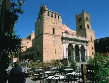 Cathedral and cafe, Monreale, Sicily, Italy. Creator: Peter Thompson