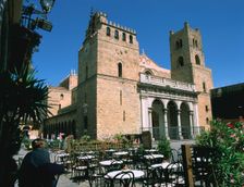 Cathedral and cafe, Monreale, Sicily, Italy. Creator: Peter Thompson
