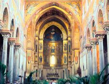 Cathedral interior with mosaics, Monreale, Sicily, Italy. Creator: Peter Thompson