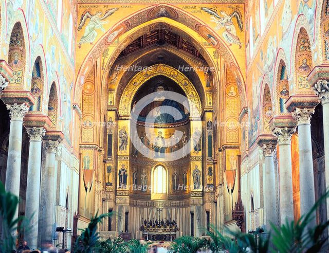 Cathedral interior with mosaics, Monreale, Sicily, Italy. Creator: Peter Thompson.