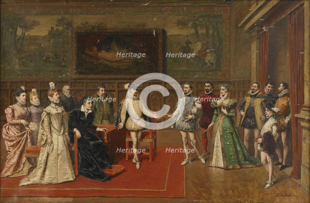 Catherine de 'Medici meets her sons Charles IX and Henry III. Artist: Bakalowicz, Wladyslaw (1831-1904)