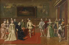 Catherine de Medici meets her sons Charles IX and Henry III. Artist: Bakalowicz, Wladyslaw (1831-1904)