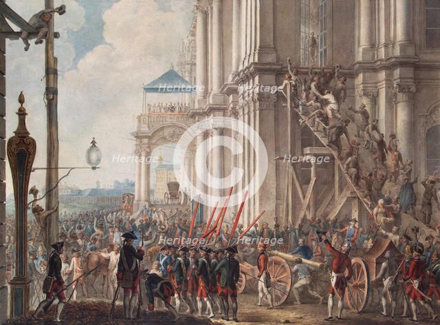 Catherine II on the Balcony of the Winter Palace, Greeted by the Guards on the Day of the Palace Revolution on June 28, 1762, Late 18th cent.. Artist: Anonymous  