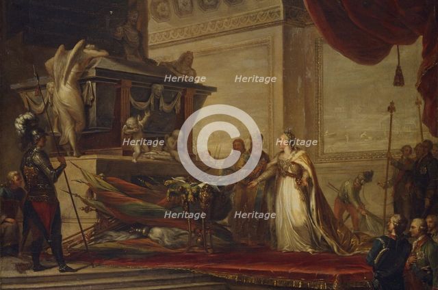Catherine II laying the trophies of the Battle of Chesma on the tomb of Peter the Great, 1791. Artist: Hüne (Hühne), Andreas Caspar (1749-1813)