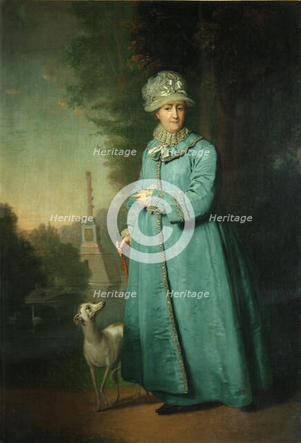 Catherine II strolling in the park at Tsarskoye Selo with the Chesme Column in the background, 1794. Artist: Borovikovsky, Vladimir Lukich (1757-1825)