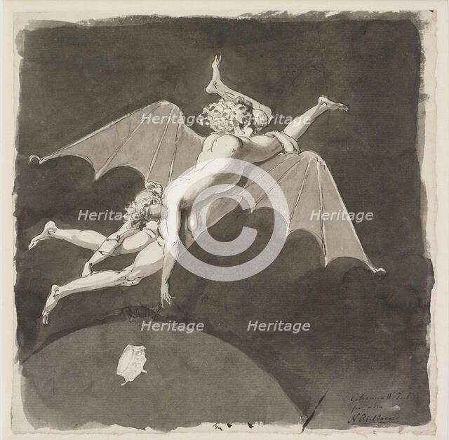 Catherine the Great, naked, flying away from the Earth on the Back of a Man with Bat Wings, 18th cen Creator: Abildgaard, Nicolai Abraham (1743-1809).