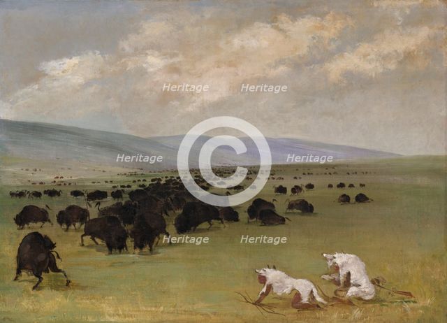 Catlin and His Indian Guide Approaching Buffalo under White Wolf Skins, 1846-1848. Creator: George Catlin.